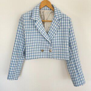 Ice Blue Houndstooth Crop Tweed Blazer Soft Girl Coquette Old Money Preppy - M